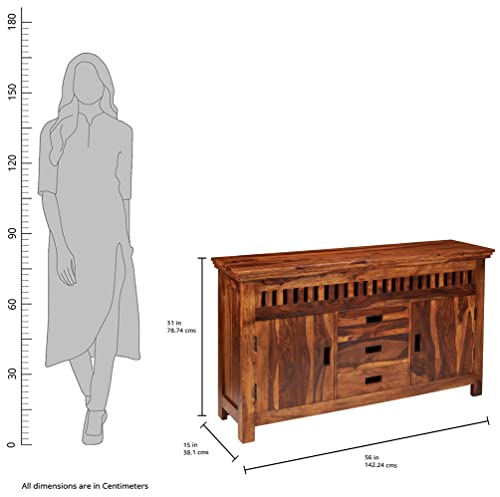 Image of SHIKHA WOOD CRAFT Solid Sheesham Wood Sideboard Cabinet with 2 Doors and 3 Drawers | Wooden Kitchen Cabinet, Crockery Unit, Dining Room Organizer, Living Room Storage Furniture (Kuber Natural Finish)