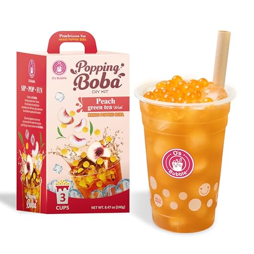 O’s Bubble Peach Green Tea – DIY Boba Kit with 3 Peach Syrup Packs & 3 Mango Popping Boba – Make Fruity Bubble Tea at Home – 3 Servings Included