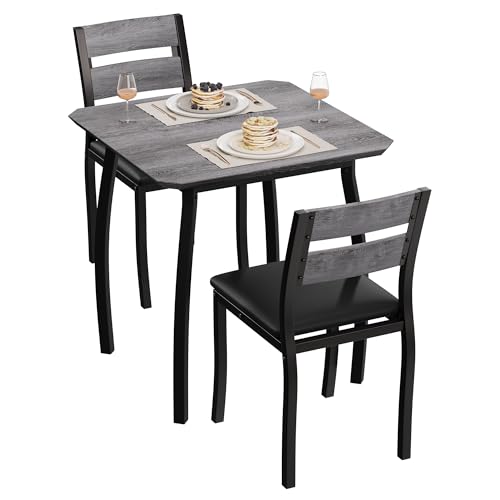 GarveeHome Dining Table Set for 2, Farmhouse 3 Piece Kitchen Table and Chair Set with Upholstered Chair, Metal Frame Dining Room Table and Chairs for Small Space, Apartment, Black+Grey