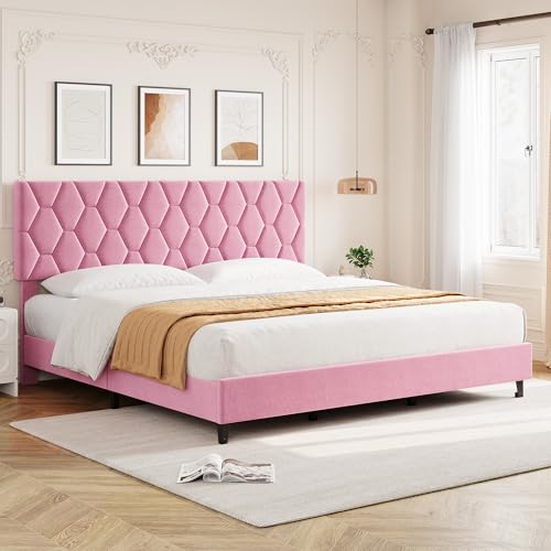 GAOMON Pink King Bed Frame with Upholstered Headboard, Heavy-Duty Platform Bed Frame with Strong Wood Slats, No Box Spring Needed/Noise Free/Easy Asse