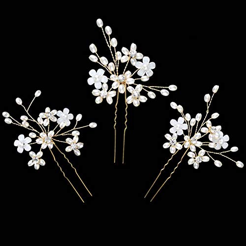 Sppry Wedding Hair Pins (3 Pcs) - Elegant Pearl Floral Crystal Hair Accessories For Bridal Women (Gold) #TOP2