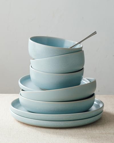 Image of Famiware Milkyway Plates and Bowls Sets, 12 Pieces Dinnerware Sets, Reactive Glaze Dish Set, Stoneware Dishes Set for 4, Light Blue