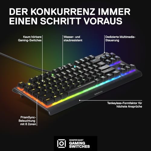 Bild 2 - SteelSeries Apex 3 TKL Gaming Tastatur – RGB - Kompakter Tenkeyless-Formfaktor – 8-Zonen-RGB-Beleuchtung – Wasser- und Staubresistenz – Flüsterleise Gaming-Switches - DE Layout QWERTZ - Schwarz