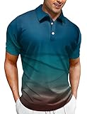 CURBODO Button up Polo Shirt for Men Short Sleeve Golf Shirt Casual Printed Slim Fit Polo Tee Shirt Gradient Lake Blue XL