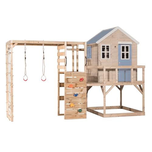 Wendi Toys M21PB-G Cabane sur pilotis avec Mur d’Escalade, Filet à Grimper et Barres de Gym, Tour de Jeu en Bois FSC pour Enfants, 197×356×242 cm, avec échelle et Monkey Bar, Bleu