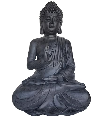 Large Dark Stone Effect Sitting Buddha Garden Ornament Durable Weather Resistant Height 74cm Weight 8kg Indoor Outdoor Decor