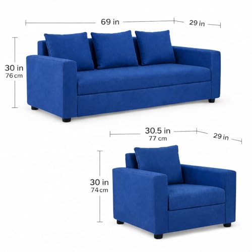 Image of Wood 3+1+1 Sofa Set 5 Seater | Velvet Fabric Upholstery | Wooden Frame Sofa Set with 3 Seater & 2 Single Chairs for Living Room, Home & Office (Blue)