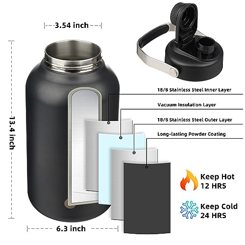 Image of BJPKPK 1 Gallon Water Bottle Insulated, Dishwasher Safe 128oz Large Water Jug with Metal Handle & BPA Free Spout Lid, Stainless Steel Metal Jug for Gym, Sports & Hiking, Black