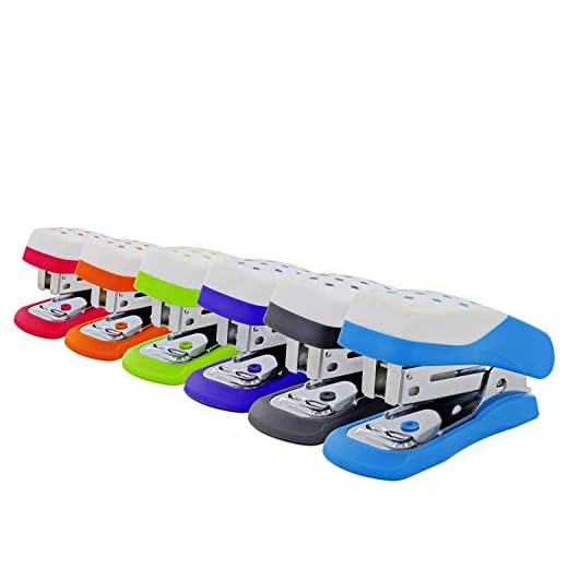 Emraw Conjunto de mini grampeador com cabo de almofada, removedor de grampos embutido, capacidade para 12 folhas, 500 grampos padrão, plástico durável e aço, cores sortidas, grampeadores para escritório e escola, pacote com 6