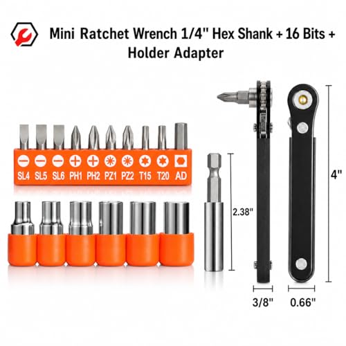 Image of Bates- Low Profile Right Angle Screwdriver with Drill Bits Set, 18 pcs, 1 /4 inch Mini Ratchet Screwdriver with Adapter, Phillips, Slotted, Torx, Pozidriv Bits for Tight Spaces
