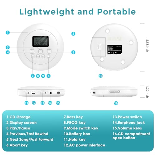 Gueray Tragbarer CD Player Tragbar CD Players Kinder CD-Player HiFi Discman mit Kopfhörer LCD-Display Unterstützung ASP PROG Speicherfunktion Repeat-Funktion BASS Effet Weiß