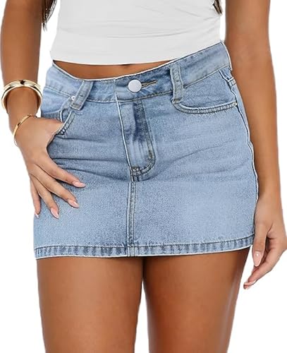Betrodi Women Blue Denim Low Waist Mini Jean Skirt - Stretch Bodycon Low Rise Micro Cargo with Pockets