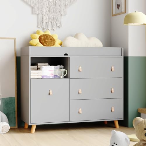 Image of PIAOMTIEE Changing Table Dresser, Baby Nursery Dresser with 3 Drawers and Shelf, Top Guardrail and Large Storage Cabinet, Hidden Trash Storage, Baby Changing Dressers for Nursery Room, Gray