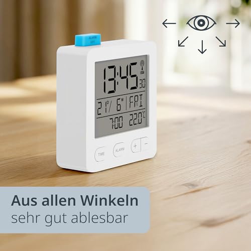 ADE Funkwecker digital mit Batterie | Funkuhr mit Licht | Uhr mit Temperaturanzeige | Reisewecker | mit Thermometer und Datumsanzeige | weiß