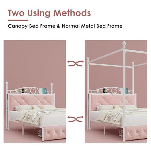 Full Upholstered Canopy Bed Frame with 2 Drawers & Crystal Tufted Storage Headboard Two-Purpose Metal Platform Bed with 4 Removable Posts & Charging Station Pink Princess Bed, Curtain Not Included
