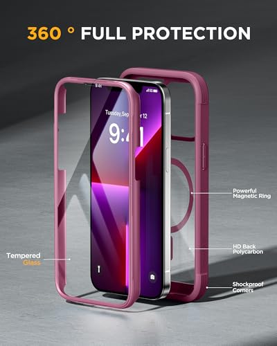 Image of Miracase Magnetic for iPhone 13 Pro Max Case 6.7 inch, (Compatible with MagSafe) Upgrade Full-Body Clear Phone Bumper Case with Built-in 9H Tempered Glass Screen Protector, Magnetic Wine Red