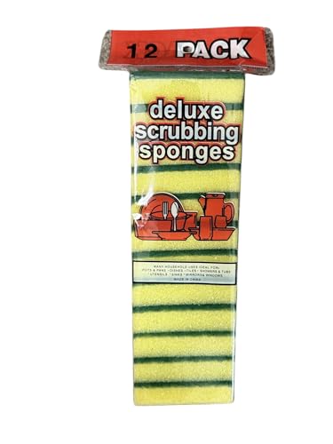 Image of Kitchen Scouring Pads with Scrubbing Sponges, 12 Pack, Dual-Sided Yellow and Green, 3.5 x 2.5 inches