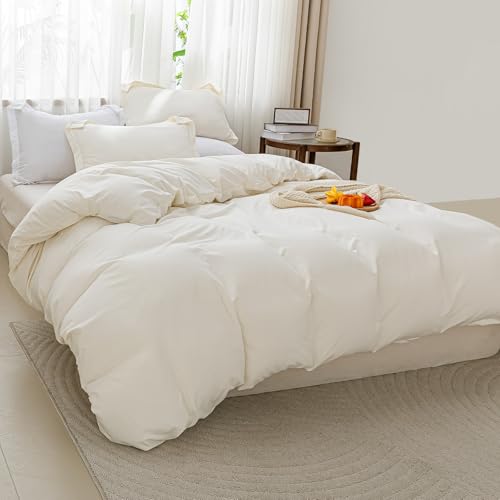 Image of SheRest Beige Duvet Cover King Size - Soft Brushed Microfiber, 3 Pieces, 1 Duvet Cover 104x90 Inches with Zipper Closure 8 Ties & 2 Pillow Shams, Breathable Bedding Set for All Season (No Comforter)