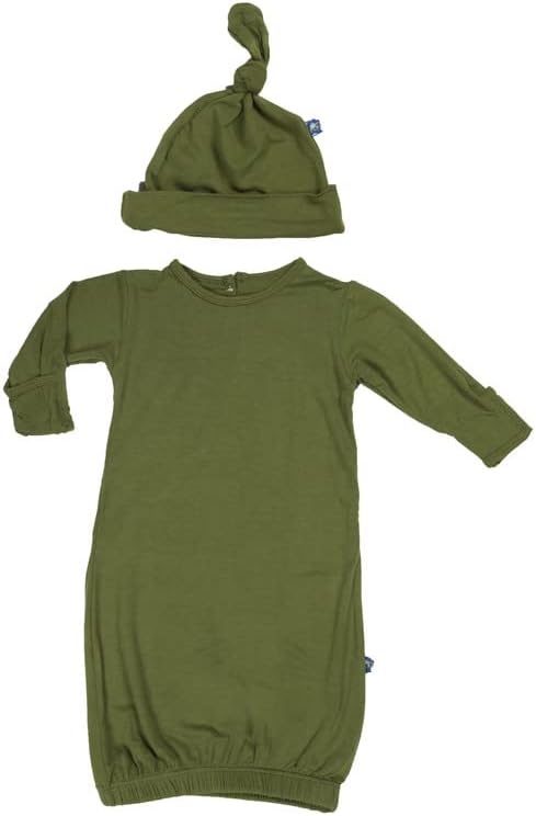 KicKee Pants Baby Boys Solid Layette Gown and Single Knot Hat Set - Moss, Newborn