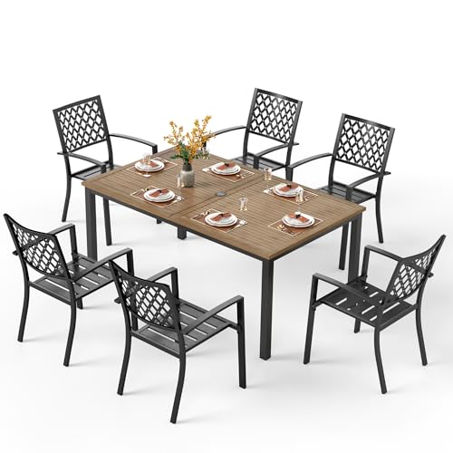 Image of PHI VILLA Outdoor Dining Set for 6& 65 inchWood-Like Metal Table | 7PCS-65 inch Wood-like Table, Net Back Chair, Classic, 65 inch Brown Wood-Like Metal Steel Table & Stackable Black Iron Chairs