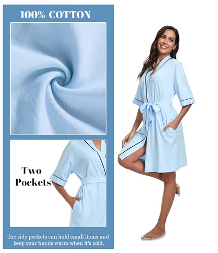 Image of ANLIQI Womens 100% Cotton Robes Lightweight Summer Short Sleeve Lady Bathrobe Knee Length Kimono Robe Sleepwear with Pockets