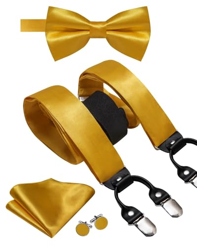 Image of Hi-Tie Men Suspender Bowtie Set Suspenders Pre-tied Bow Tie Pocket Square Cufflinks Adjustable Y Shape 6 Clips Braces Tuxedo