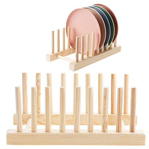 Kinsinder 2 Pcs Égoutoire Vaisselle Bambou, Support en Bambou pour Assiettes, Rangement Cuisine Egouttoir pour Bol de Rangement, Vaisselle, Tasses, CD, Livre (8 Fentes)
