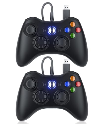 Dinosoo Replacement for Xbox 360 Controller Wired, PC Controller with Upgraded Joystick, Double Shock, 2.5mm Audio Jack - 2 Pack