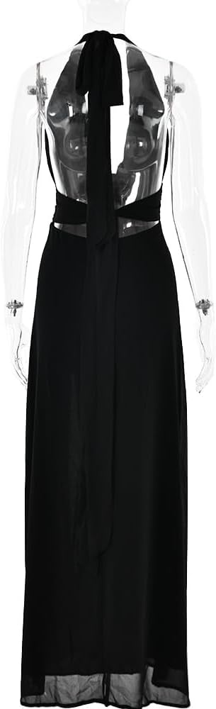 ANKOMINA Women's Sexy V Neck Halter Backless Maxi Dress Ruched High Split Long Bodycon Dresses for Party Cocktail Evening - Image 6