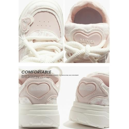 Cute Heart White Sneakers for Women Platforms Puppy Lightning Heart Decor Lace-up Macaron Colors 1.8" Rubber Thick Sole Height Increase Cute Walking Shoes4