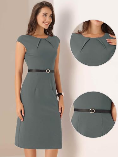 Image of Allegra K Business Dress for Women's Work Elegant 2026 Cap Sleeve Belted Office Sheath Dresses