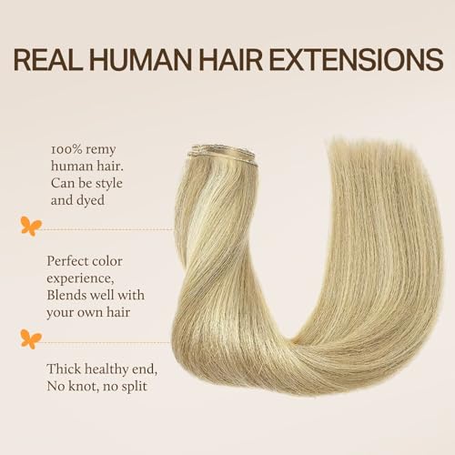 Image of DOORES Wire Hair Extensions, 18 Inch 95g Fish Line Weft Extensions and 2pcs 30g Clip ins Light Blonde Highlighted Golden Blonde, 100g Invisible Seamless Wire Real Human Hairpiece