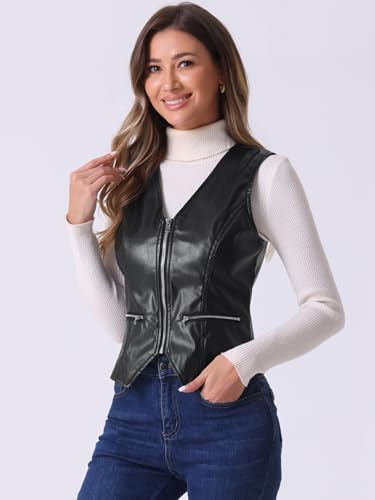 Allegra K Women's Faux Leather Waistcoat V Neck Sleeveless Zipper Motorcycle Biker Vintage Vest Jacket3