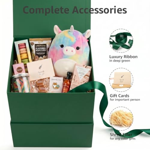 Image of LIFELUM Dark Green Cube Gift Box with Lid 8.6 x 8.6 x 8.6 inch, 1 Pack Magnetic Gift Box Contains Card, Ribbon, Shredded Filler for Wedding, Christmas, Birthday Presents