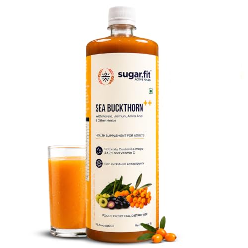 Image of Sugar.fit Himalayan Sea Buckthorn Juice 1000ml | Cold Pressed Seabuckthorn Berry Pulp with 14 Herbs - Amla, Karela, Jamun | Natural Vitamin C, Omega 3 6 7 9 | Immunity, Skin Glow & Gut Health