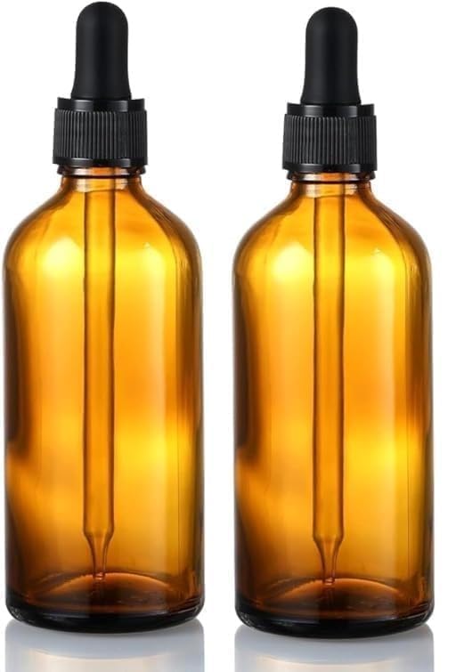 2-Pcs 100ml Amber Dropper Bottles for Essential Oils - 3.4 oz Refillable Glass Bottles with Eye Droppers for Aromatherapy, DIY Blends, Skincare, Perfumes, Beard Oils, Travel, and Cooking