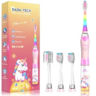 Spazzolino Elettrico Bambini 3-6-12 Anni Spazzolino Elettrico Bambina Bambino Con Timer Luci LED Arcobaleno E 4 Testine Morbide (Unicorno Rosa)