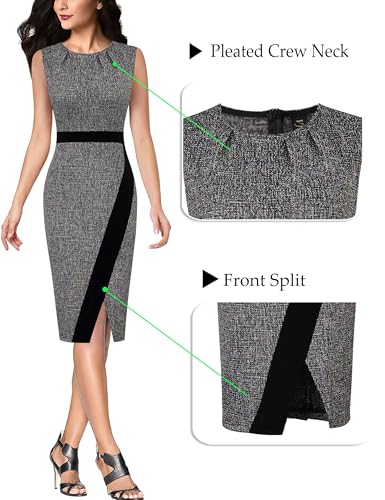 Image of VFSHOW Womens Pleated Crew Neck Front Split Work Business Office Party Bodycon Pencil Sheath Dress