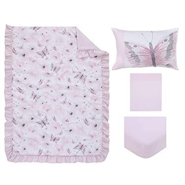AMAZON - Everything Kids Floral Butterfly Pink, White, & Gray 4Piece Toddler Bed Set – Comforter, Fitted Bottom Sheet, Flat Top Sheet, & Reversible Pillowcase, Pink, White, Grey, 5345416P