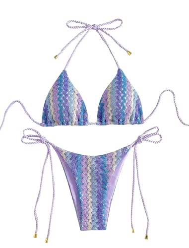 Image of ZAFUL 2 Piece Triangle Bikini for Women Knitted Rope Halter Bikini Sets Sexy Bathing Suit Side Tie Swimsuits Beachwear