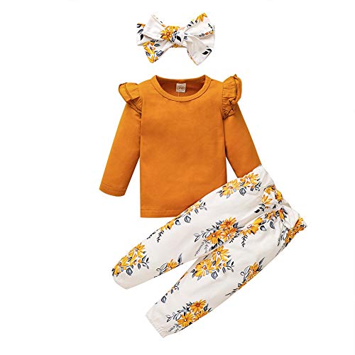 3Pcs Toddler Baby Girl Clothes Outfits Solid Color Long Sleeves Ruffle Top+ Floral Pant+Floral Headband (Yellow-1, 3-4T)