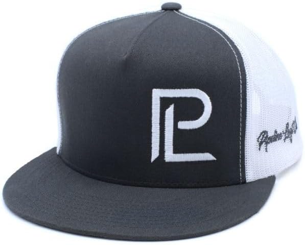 Flat-Bill Trucker Snapback Hat - Dark Grey Front w White PL Embroidery, Embroidered on Left Side, Cool White Mesh on Back
