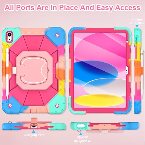 Image of WESOROL Case for iPad (A16) 11th /10th Generation 2025 /2022 with Screen Protector Rotating Stand Pencil Holder Shoulder Strap Heavy Duty Shockproof Cover for iPad 10th Gen Case,Colorful Pink