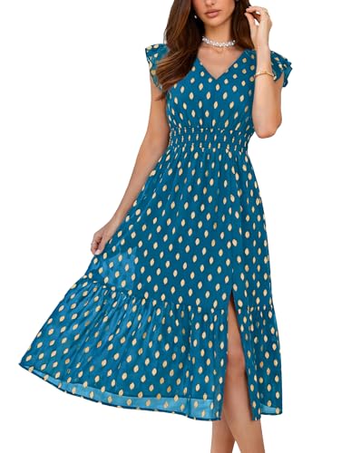 Image of GRACE KARIN 2026 Womens Summer Dresses V Neck Ruffle Sleeve Floral Boho Beach Dress A-Line Swing Midi Wedding Guest Sundress