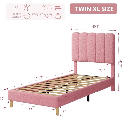 GarveeHome Twin XL Bed Frame, Boucle Upholstered Platform Bed with Wave Headboard for Girls/Kids, Easy Assembly, Wooden Slats Support, No Box Spring Needed, Light Pink