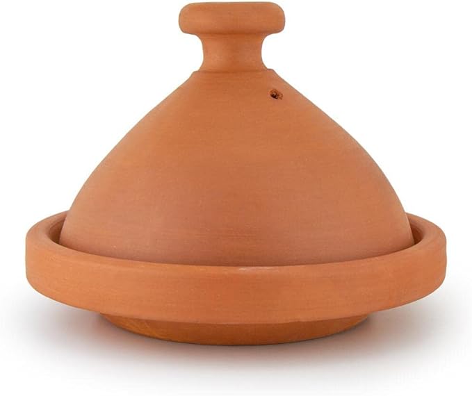 A handmade authentic Moroccan natural clay tagine pot, featuring a distinctive conical lid and a wide, round base. This traditional 26cm earthenware cooker is ideal for healthy slow cooking of 2-3 servings of fish, meat, or vegetables.