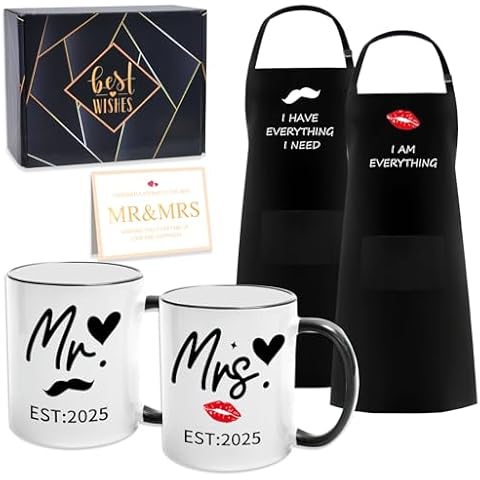 HAOQINA EST 2025 Mr and Mrs Gifts, Valentine Wedding Gifts for Couples 2025, Ceramic Cups and Aprons Engagement Party Gifts for Couples Cover