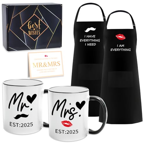 HAOQINA EST 2025 Mr and Mrs Valentine Wedding Gifts for Couples - Ceramic Cups and Aprons - Engagement Party Gift