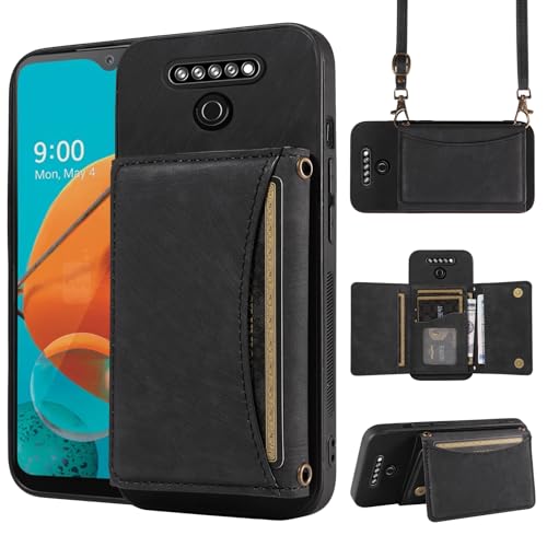Phone Case For LG K51/Reflect LTE/Q51 Wallet Cover with Crossbody Shoulder Strap and Leather Credit Card Holder Pocket Slim Stand Cell LGK51 K 51 51K L555DL 2020 LGK51Phone LG51Cases Girls Black