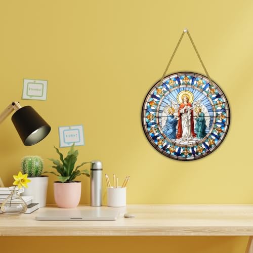 Image of Printality Stained Glass Style Christian Wall Hanging | Round MDF Plaque with Glossy Finish & Golden Zardosi String | Religious Wall Art | Jesus, Mary & Angels Design | Faith Home Decor (Design 3)